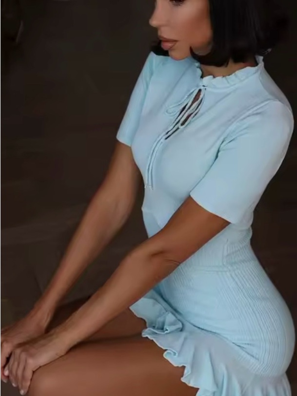 Ruffle-Hem Knit Dress in baby blue never worn
